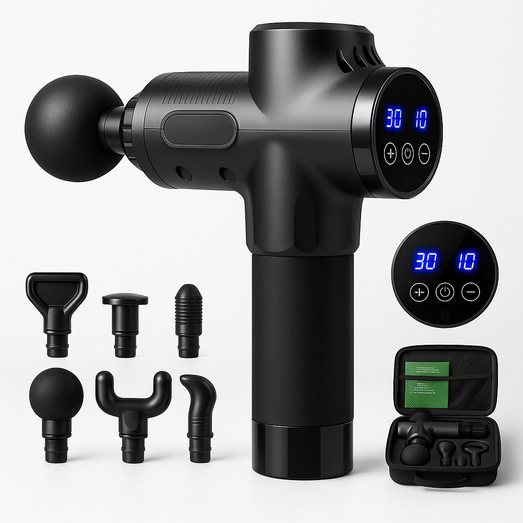 Massagepistole mit 30 Geschwindigkeiten / Massage Gun für tiefe Muskelmassage mit bis zu 3600 Impulsen/min / 10 Aufsätze für Nacken, Rücken & Körper / Mit LCD-Touchscreen